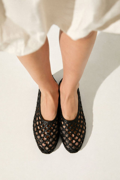 Ava Ballet Flats in Black & White Woven Leather