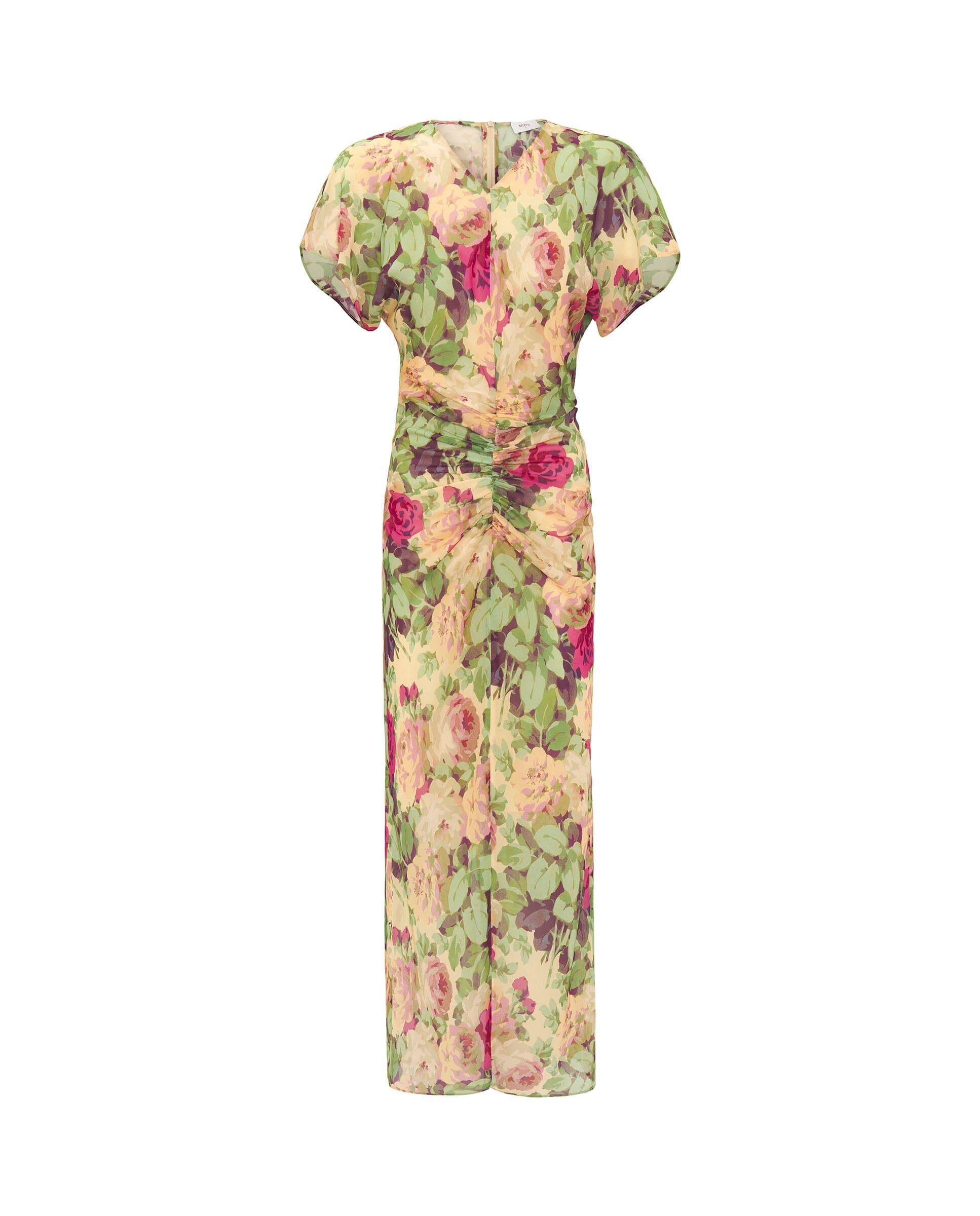 Vestido rosa drapeado de gasa estampado floral