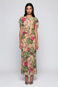 Vestido rosa drapeado de gasa estampado floral