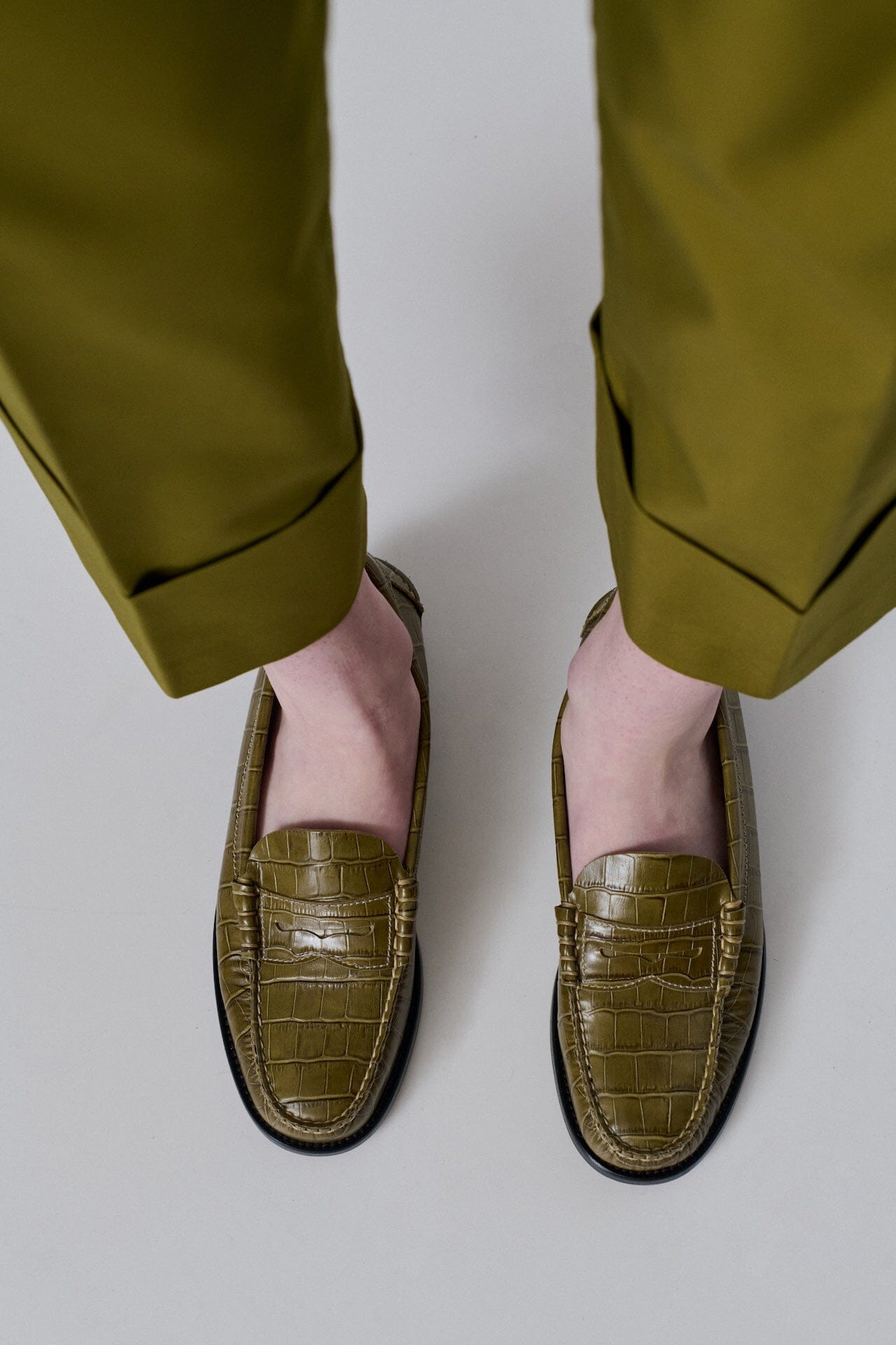 Zoe Loafers in Croc-effect Olive Green Leather